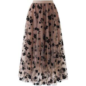 Women's 3D Posy Double-Layered Mesh Midi Skirt